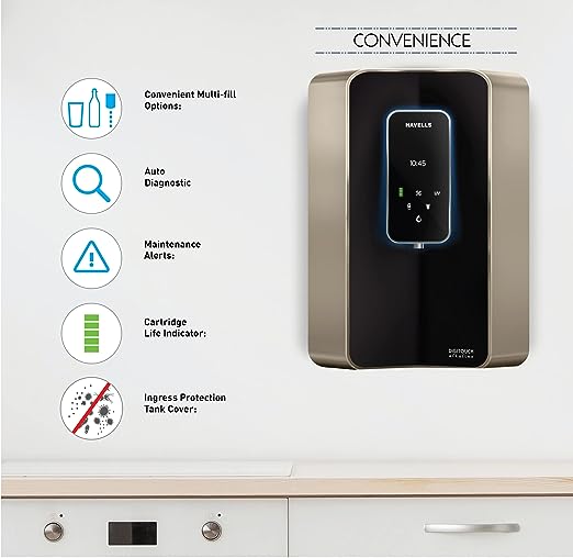 Havells Digitouch Alkaline Water Purifier, SMART TOUCH water dispense, Copper+Zinc+Alkaline natural minerals, 8 stage Purification, 6L tank, Double UV Purification tech.(RO+UV) (Champagne & Black)(OPEN BOX) Havells Digitouch Alkaline Water Purifier, SMART TOUCH water dispense, Copper+Zinc+Alkaline natural minerals, 8 stage Purification, 6L tank, Double UV Purification tech.(RO+UV) (Champagne & Black)(OPEN BOX)